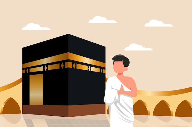 Happy hajj with people character and the kaaba Hajj and umrah concept Colored flat vector illustration