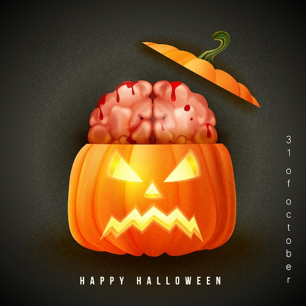 Happy halloween 3D realistic scary jack lantern and bloody brain