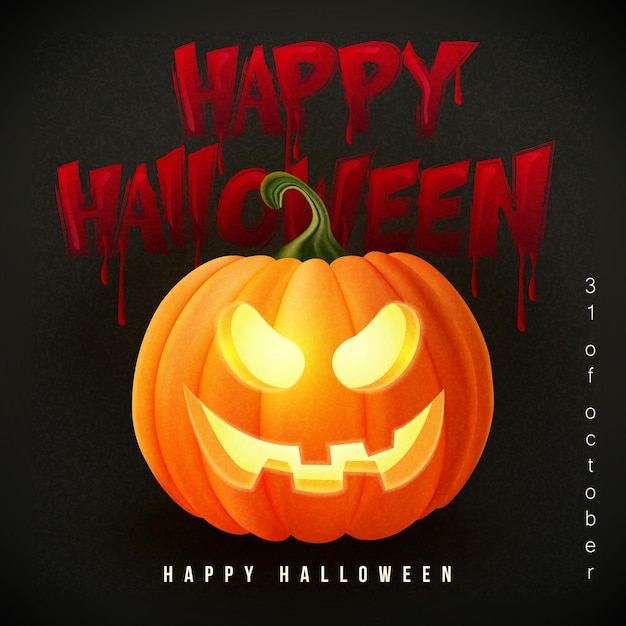 Felice halloween 3d realistico spaventoso lanterna jack e sanguinoso testo di design tipografico