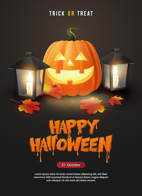 Vector happy halloween 3d realistic scary jack lantern and candle vintage hand lamp maple leaf