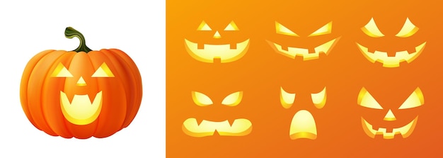 Happy halloween 3D realistic scary jack lantern different faces set collection