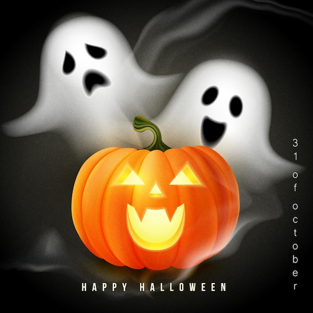 Happy halloween 3D realistic scary jack lantern and ghost