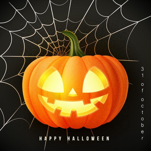 Happy halloween 3D realistic scary jack lantern and spider web