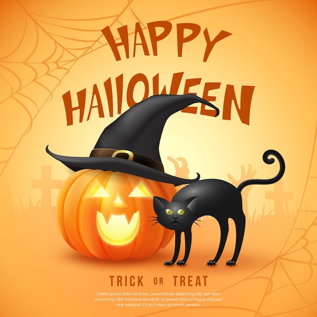 魔女の帽子と黒猫と幸せなハロウィーンの3Dリアルな怖いジャックランタン