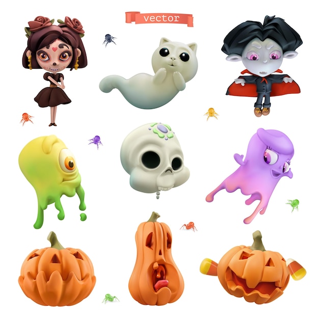 Vector happy halloween. 3d vector cartoon icon set. little witch, funny vampire, friendly slime ghosts, skull, cat spirit, pumpkins, small spiders