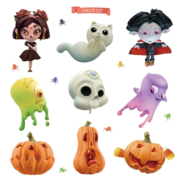 Happy Halloween 3d vector cartoon icon set Little witch funny vampire friendly slime ghosts