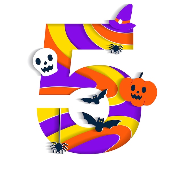 Happy Halloween 5 Vijf Nummer Numeriek Lettertype Karakter Cartoon Spooky Papier Schedel Pompoen Vleermuis Spider