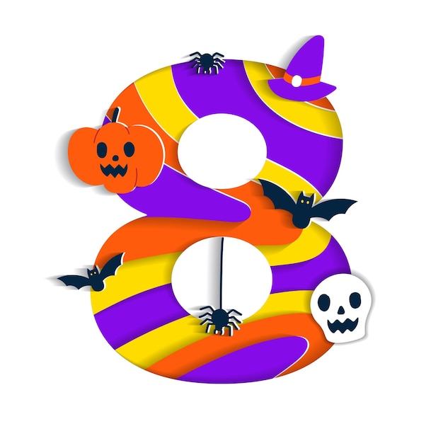 Happy halloween 8 eight number numeric font character cartoon spooky paper skull pumpkin bat spider