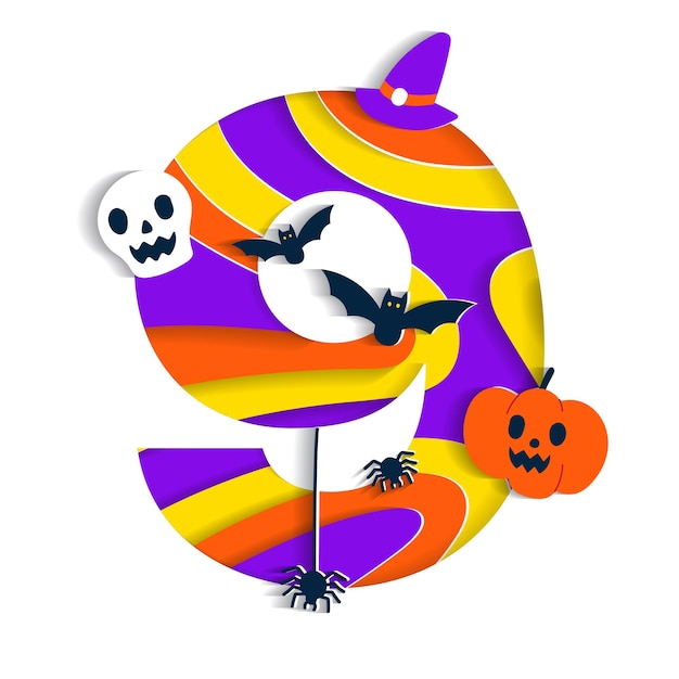 Vector happy halloween 9 nine number numeric font character cartoon spooky paper skull pumpkin bat spider