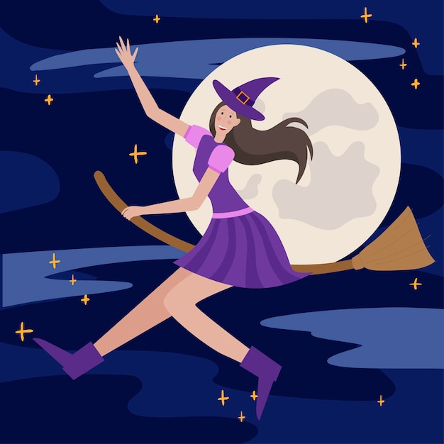 完全な月の背景にほうきで魔女の衣装を着た美しい少女の幸せなハロウィーン...