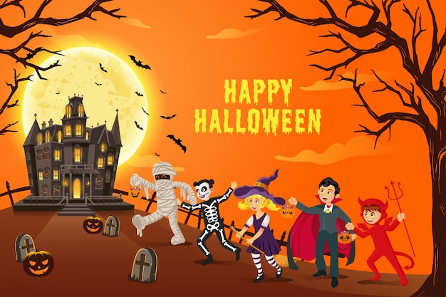 Happy halloween achtergrond. kinderen gekleed in halloweenkostuum om Trick or Treating te doen met een mysterieus spookhuis op een maanverlichte nacht