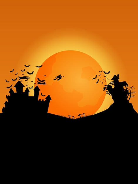 Happy halloween achtergrond silhouet kasteel met vleermuizen en heks illustratie