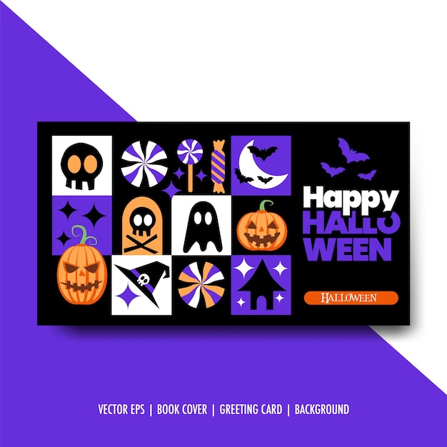 Vector happy halloween-achtergrond, uitnodigingskaart, met grafsteen, vleermuis, spook, pompoen, heksenhoed isolate