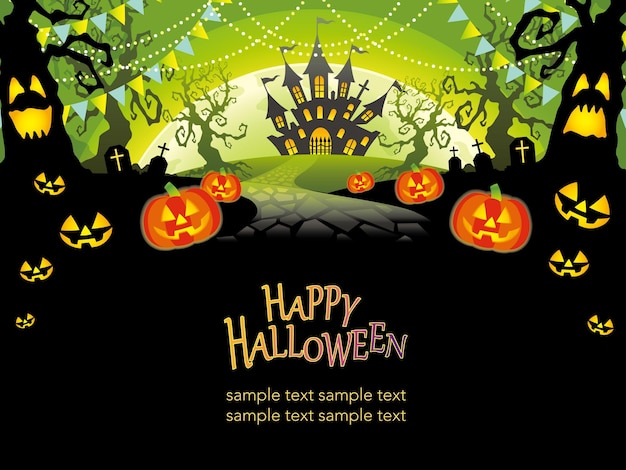 Happy halloween-achtergrondillustratie met spookhuis, bomen, hefboom-o-lantaarn en tekstruimte