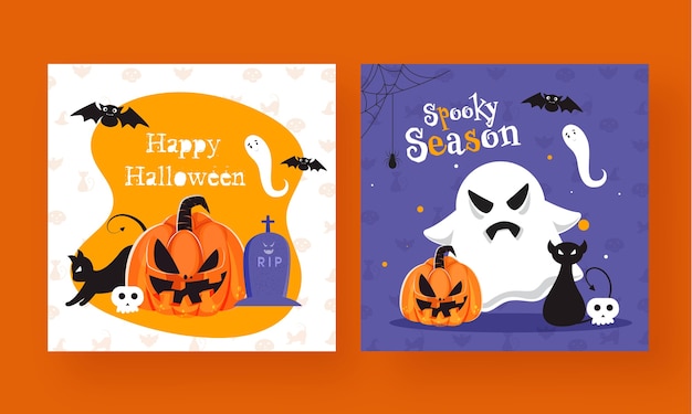 Вектор Счастливый хэллоуин и жуткий дизайн плаката сезона в двух цветовых вариантах.