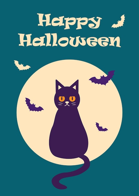 Happy halloween ansichtkaart met een kat en vleermuizen tegen de achtergrond van de maan