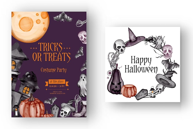 Вектор Счастливый фон хэллоуина и шаблон флаера приглашения на вечеринку с символами ужасов тыквенные кости черепа хэллоуин фон