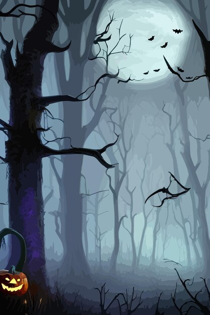 Вектор Счастливый фон хэллоуина и страшная древесная тыква в полнолуние, темная ночь, черная летучая мышь и темнота