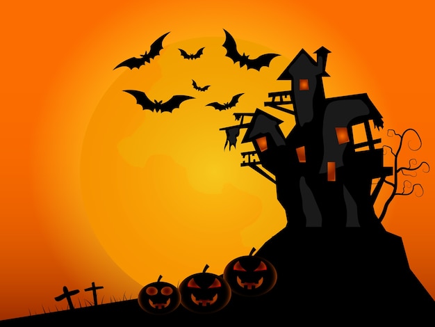 Happy halloween background castle with bat and pumpkins in tomb  illustration