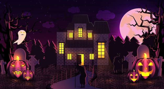 happy halloween background design with graveyard