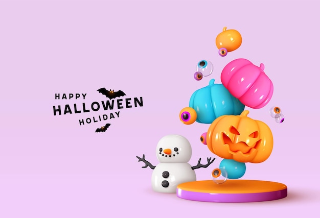 ハッピーハロウィンの背景。リアルな 3D デザインのステージ表彰台、丸いスタジオ。オレンジ色と色とりどりのカボチャが顔に感情を浮かべ、恐ろしい笑顔を浮かべています。クリエイティブなバナー、ウェブポスター。ベクトル図