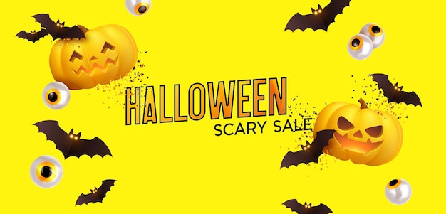 Happy halloween background realistic pumpkins and bats. halloween scary sale. vector illustration