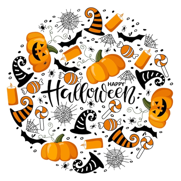 Happy halloween background. round border with orange pumpkin, witch hat, bat, spider, cobweb, candy