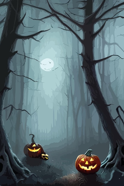 Happy halloween background and scary tree pumpkin on full moon dark night and black bat and dark