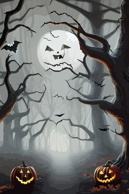 Vector happy halloween background and scary tree pumpkin on full moon dark night and black bat and dark