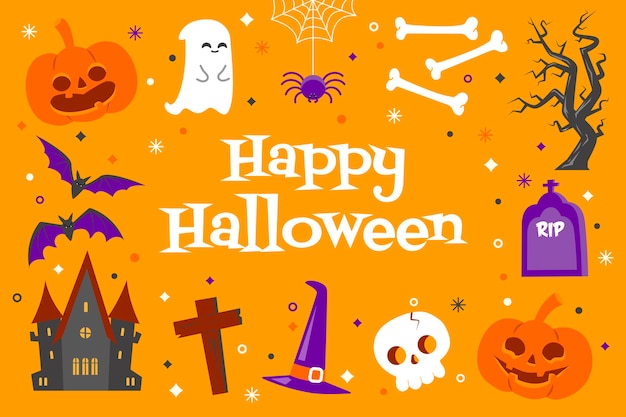 Happy halloween background with cute objects in flat design on a yellow background