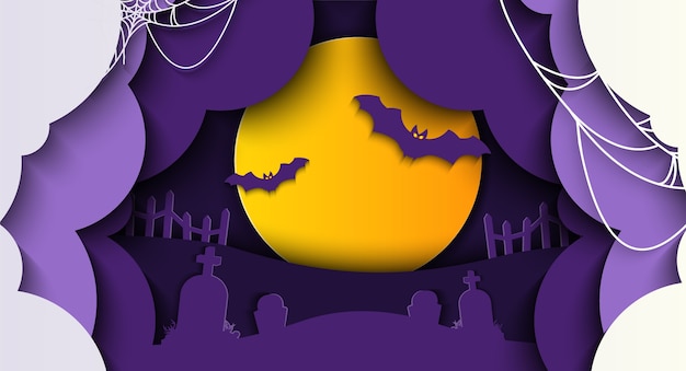 Vettore sfondo di halloween felice con luna piena, pipistrello e tomba in stile taglio carta.