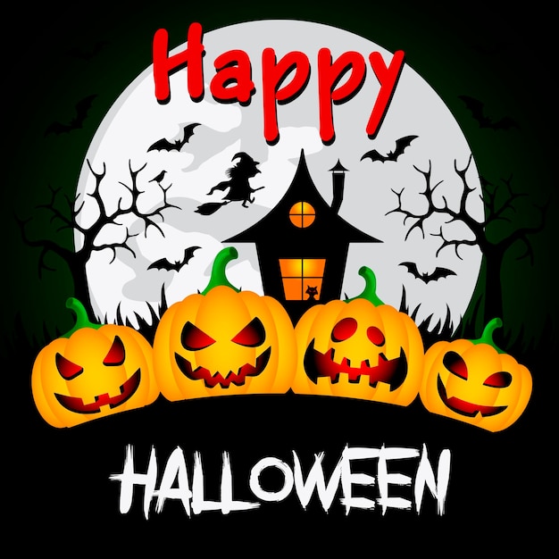 Vector happy halloween background with funny pumpkins and witch's house