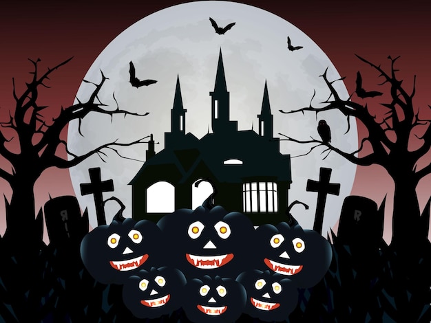 Happy halloween background with a haunted house, silhouette trees and pumpkins illustration