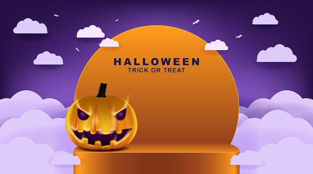 Vector happy halloween background with night clouds and pumpkins in paper cut art and craft