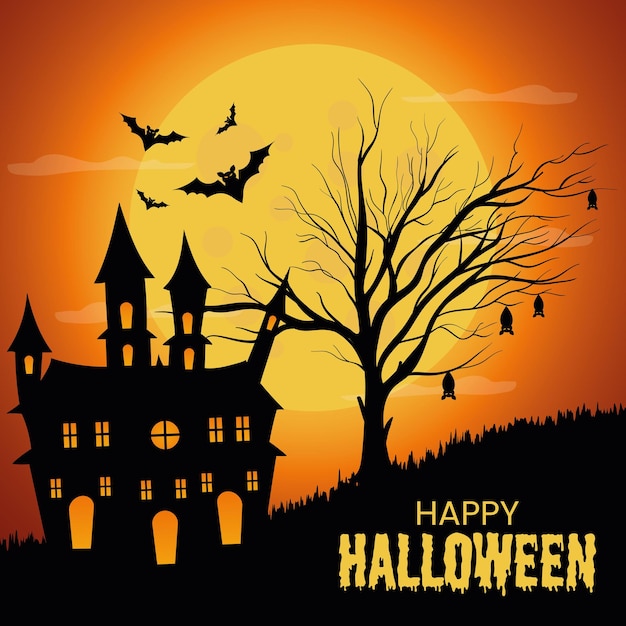 Happy halloween background with night clouds and scary castle