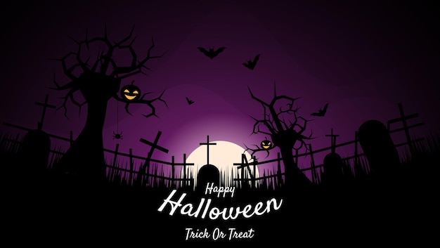 Happy halloween background with pumpkin bath tombstonespider and moon in silhouette style vector illustration