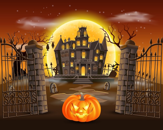 Vettore sfondo di halloween felice con zucca spaventosa sul cimitero con casa stregata e luna piena. illustrazione per happy halloween card, flyer e poster