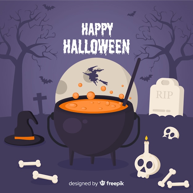 Happy halloween background with witch cauldron