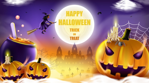 Happy Halloween background with witch and pumpkin on night cloud