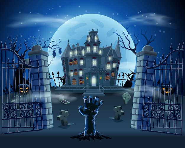Vector happy halloween background with zombie hand from the ground on graveyard with haunted house, pumpkins and full moon