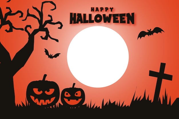 Happy halloween backgroundbanner en poster met pompoenenbatsdry boom met spooky night moon