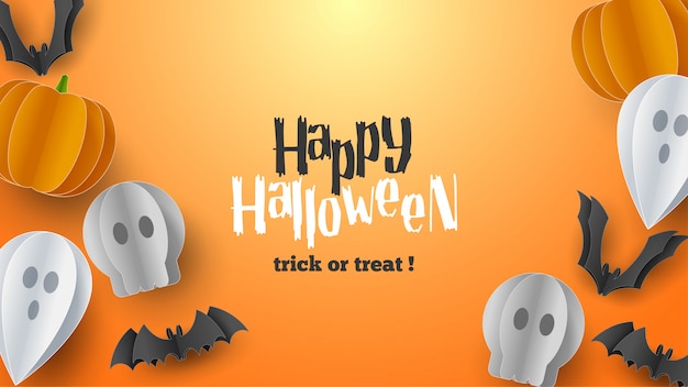 Happy Halloween banner background with clouds and pumpkins in paper cut style. Full moon in the sky, spiders web, skull, ghost and flying bats.