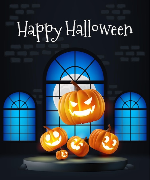 Happy halloween banner castle interior full moon outside a spooky window pumpkins on the podium