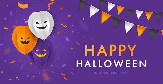 Шаблон дизайна баннера Happy Halloween с бумажными воздушными шарами, тыквами, смайликами, флагами wichiringa и фиолетовым фоном coffetti