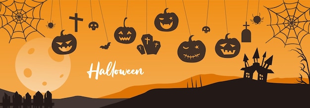 Happy Halloween banner. Halloween pumpkins and bats. Vector illustration.