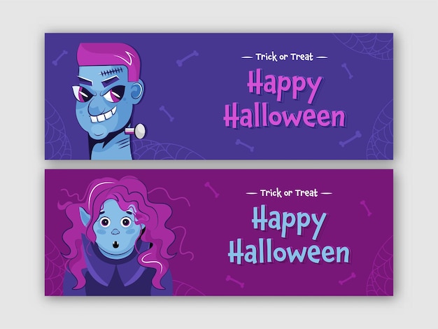 Happy halloween banner o design di intestazione con zombie, vampiro femminile o strega in due opzioni di colore.