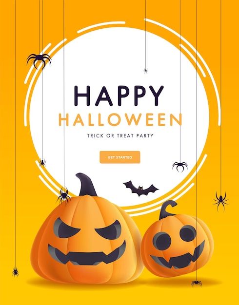 Happy halloween-banner met illustratie van realistische pompoenen met gezichten