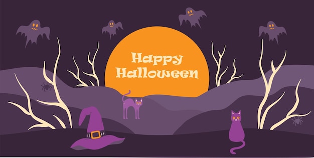 Happy Halloween-banner met maankatten en spoken