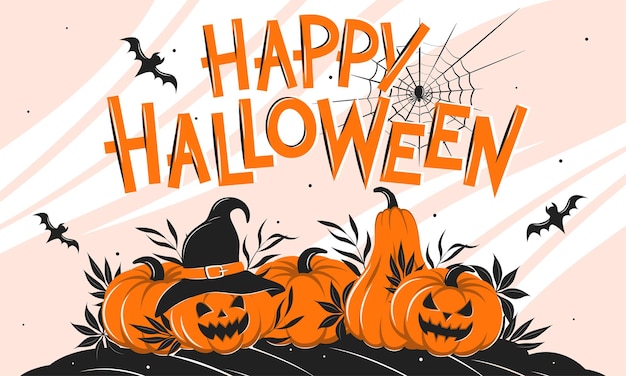 Happy Halloween Banner met pompoenen spinnenwebben spin en een vleermuis