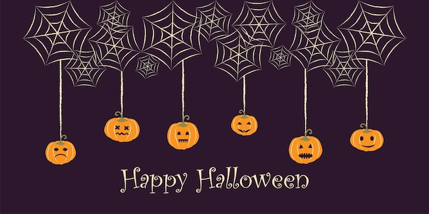 Happy Halloween-banner met spinnenwebben en pompoenen